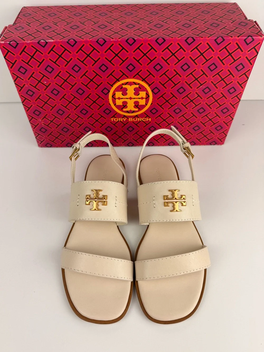 Tory Burch Mini Everly Back Strap Sandals New Ivory Gold Logo Flat Size 5